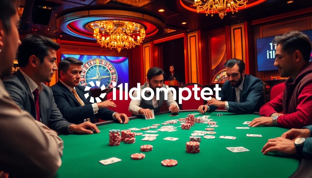 Experience the thrill of i1dompet with elite poker players at a casino table, highlighting strategic card play.