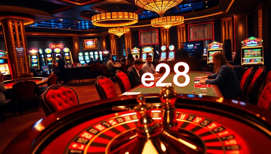The thrilling e28 casino environment features a high-stakes poker table and a spinning roulette wheel, conveying excitement.
