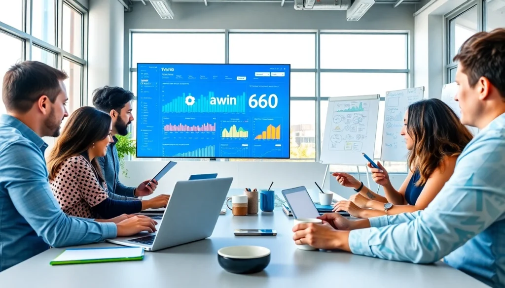 A team analyzes marketing strategies for awin66 in a modern office setting.