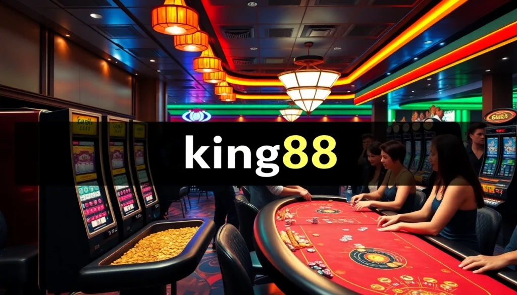 King88 casino spotlight showcasing vibrant slots and poker tables, enhancing the thrill of gaming.