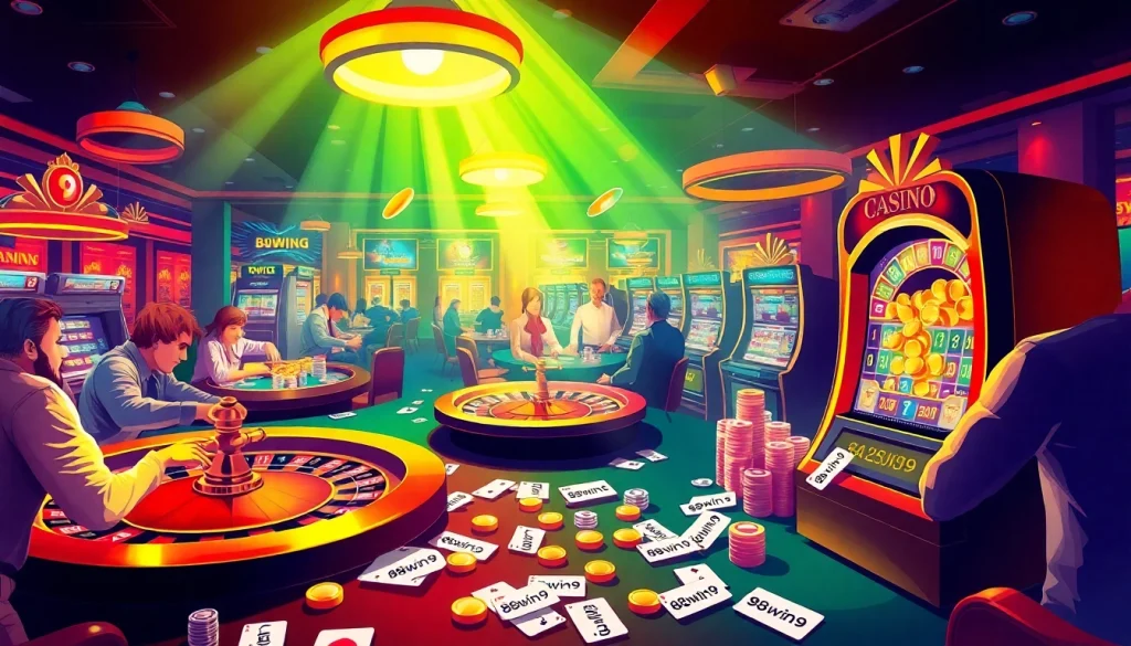 Players engaging at 98win9's casino tables, celebrating wins amid colorful chips.