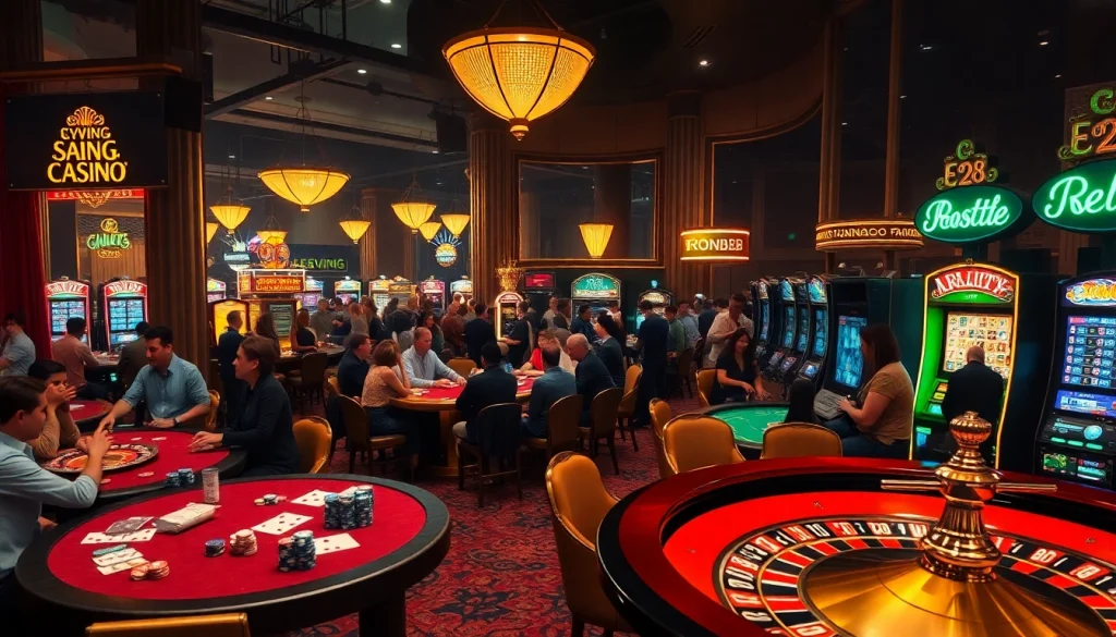 Experience the thrill of e28 casino gaming with players at tables, vibrant lights, and joyful cheers.