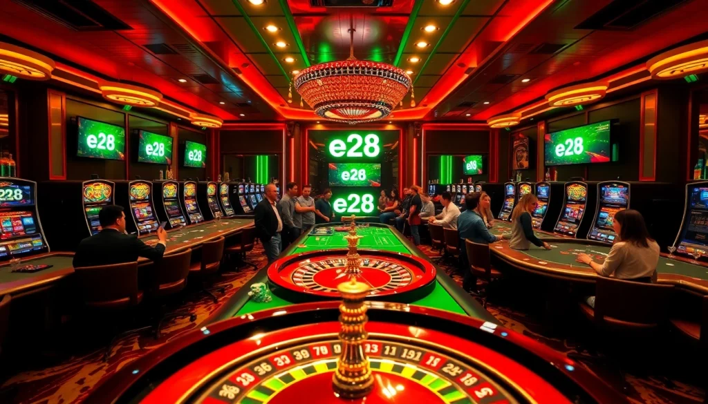 e28 players gathering around a lively poker table in a vibrant casino setting.