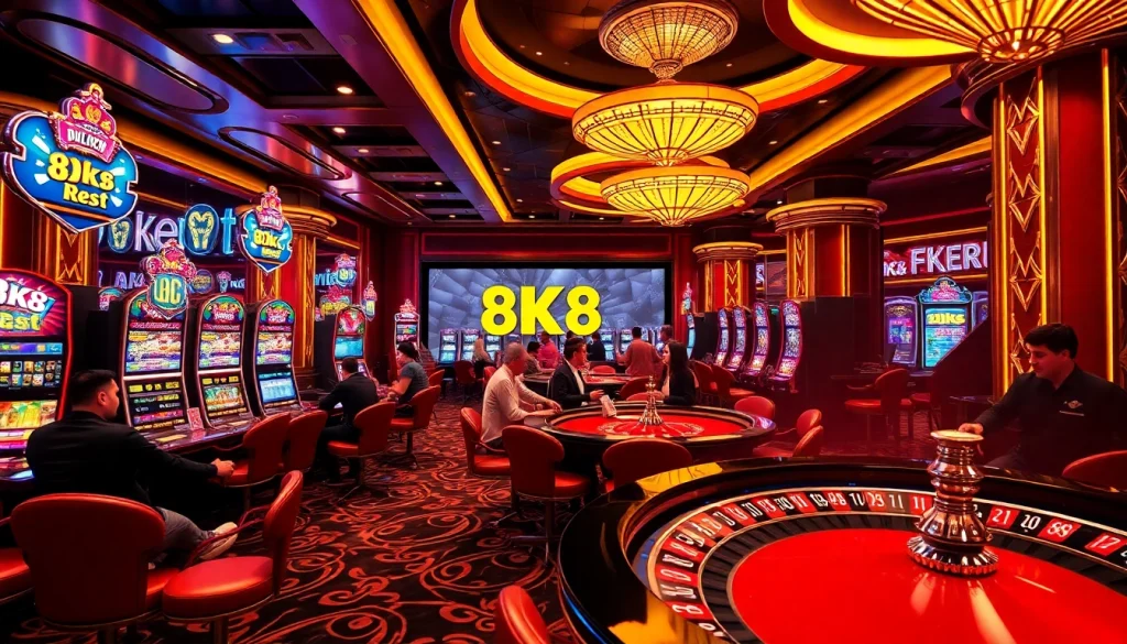 Experience the thrill of 8K8 Rest with players celebrating big wins at luxurious casino tables.