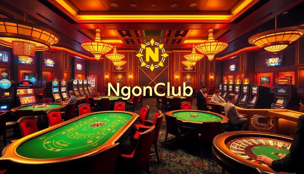 Experience the excitement of casino gaming at NgonClub featuring vibrant tables and lively participants enjoying thrilling games.