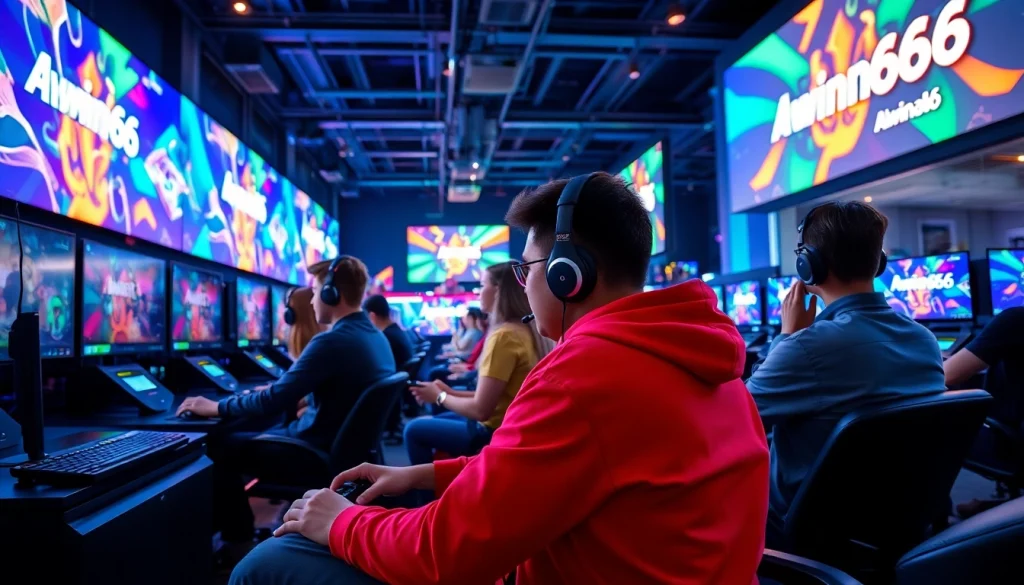 Engage with Awin66 in a vibrant gaming environment with interactive elements and dynamic lighting.