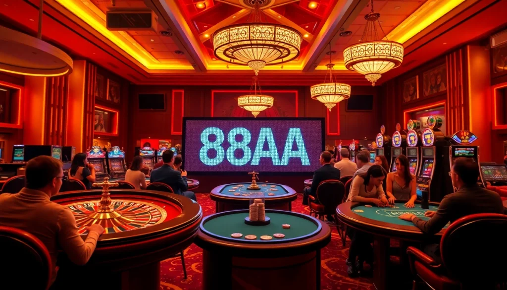 Gamblers enjoying the thrill of a casino game with 88AA prominently featured on a digital display.