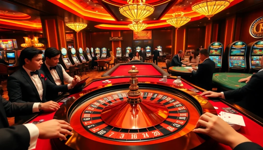 Players engrossed in a casino game environment featuring https://hz88.my/ with vibrant roulette wheel action and poker tables.
