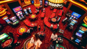 Experience the thrill of winning at 688v with players engaged in exciting casino games amidst a vibrant atmosphere.