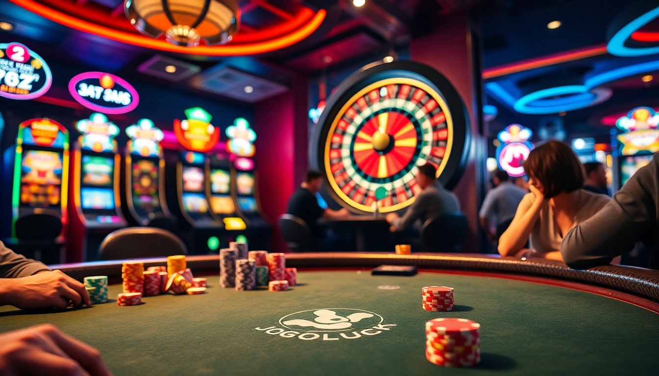 Jogoluck casino scene showcasing players at a poker table with vibrant colors.