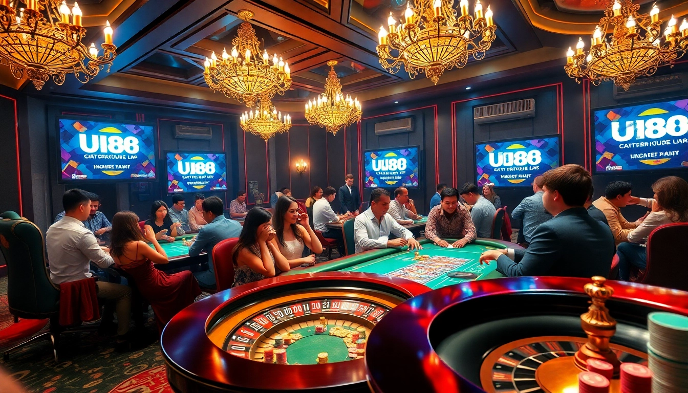 UU88 poker table filled with excited players placing bets in a thrilling casino environment.