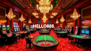 HELLO88 casino table action featuring dynamic gameplay with roulette, cards, and vibrant poker chips.