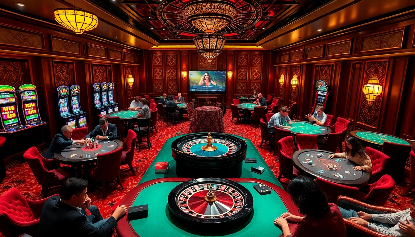 Players enjoying high-stakes poker at a luxurious casino with rikvip bonuses on display.