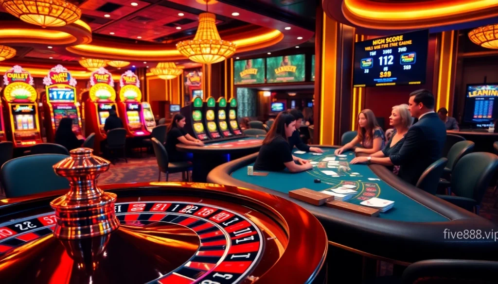 Players enjoy thrilling games at the casino, showcasing excitement and the brand https://five88v.vip/ in an alluring environment.