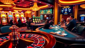 Players enjoy thrilling games at the casino, showcasing excitement and the brand https://five88v.vip/ in an alluring environment.