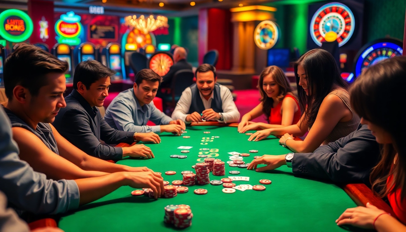 Players engaged in a thrilling poker game at XX88, showcasing vibrant chips and cards.