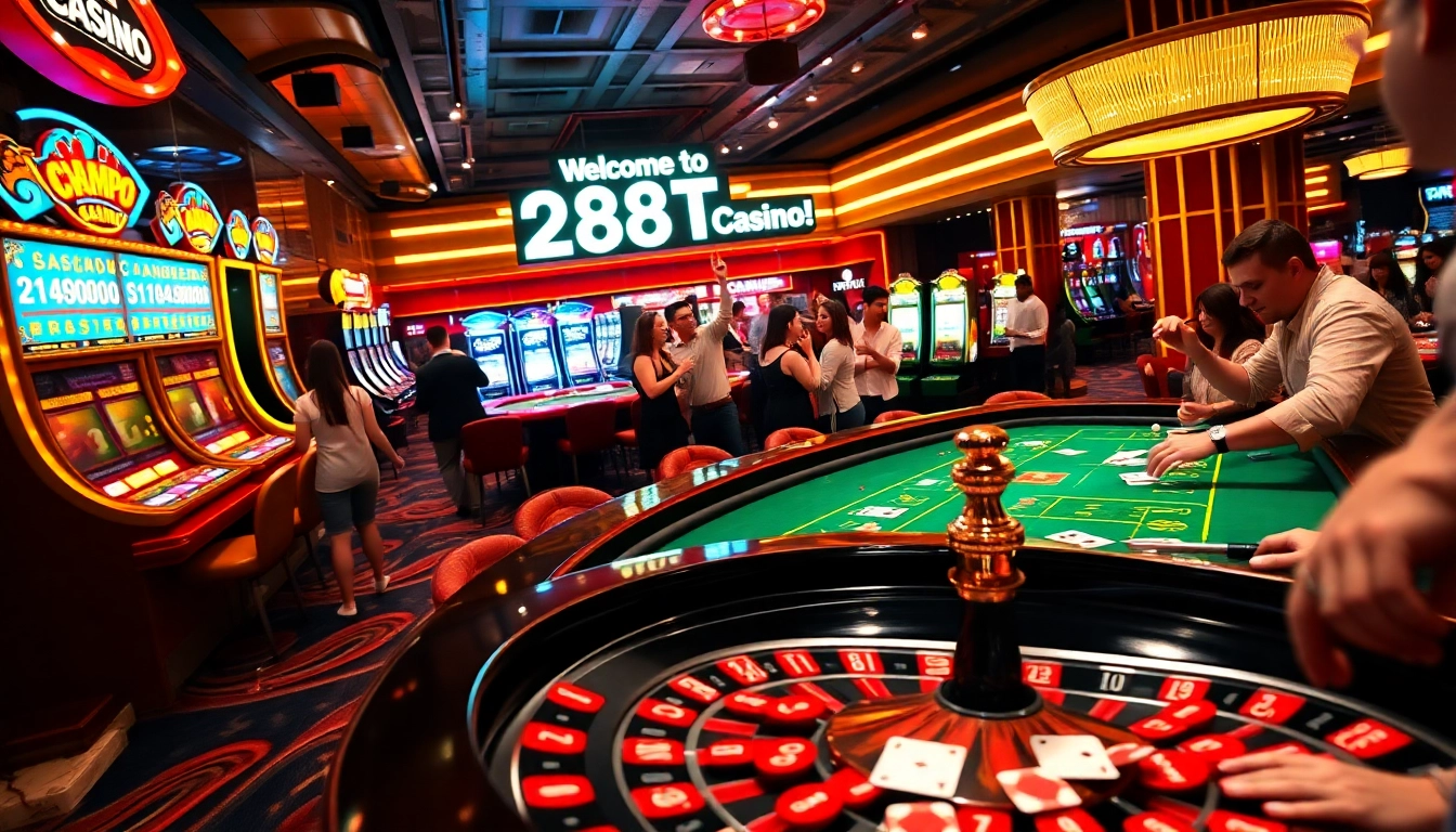Experience the thrill of the casino at https://288t.global/ with players enjoying roulette and vibrant slot machines.