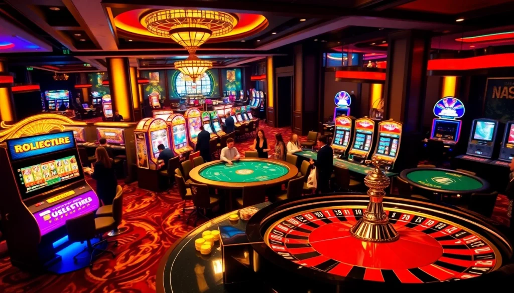 Experience the thrill of gambling at uu88 with players at poker tables and sparkling slot machines.