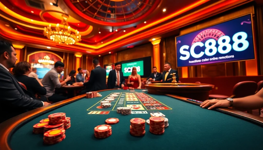 Experience SC88 excitement with engaging players at a poker table and vibrant roulette wheel in a luxurious casino.
