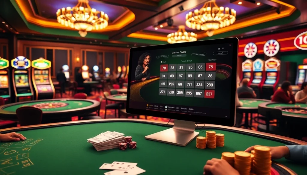Engaging online gambling scene featuring the trang chủ gk88 interface, vibrant slot machines, and players enjoying poker.