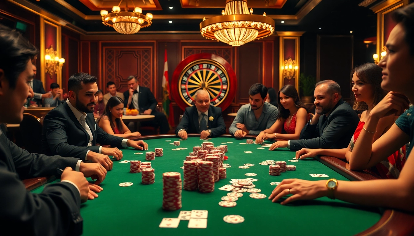 Players at a poker table strategize their MMOO bets amidst vibrant casino lights.